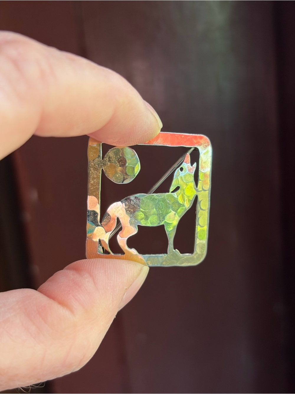 Wild Bryde Howling Wolf Full Moon Hammered Gold Plated Pin Brooch